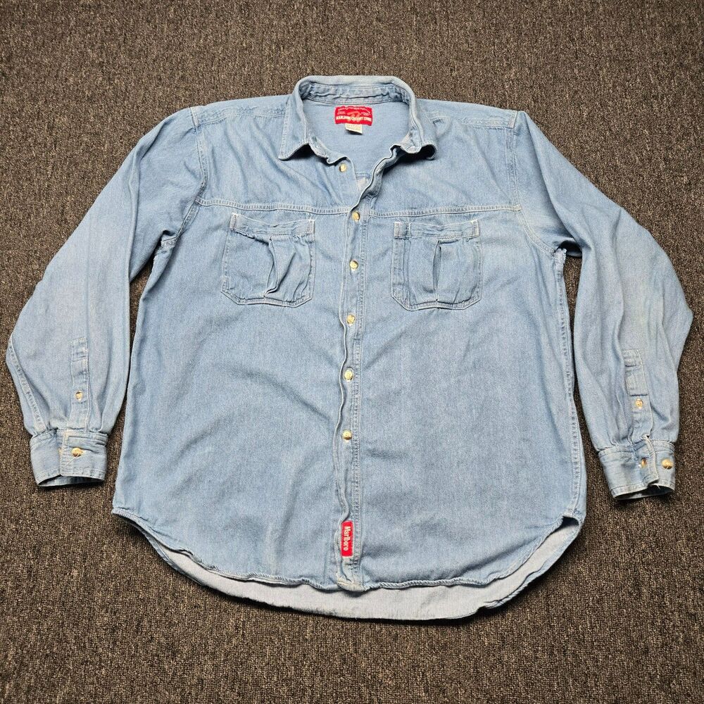 VTG Marlboro Denim Button Up Shirt Mens L Blue Long Sleeve Cotton Western Cowboy